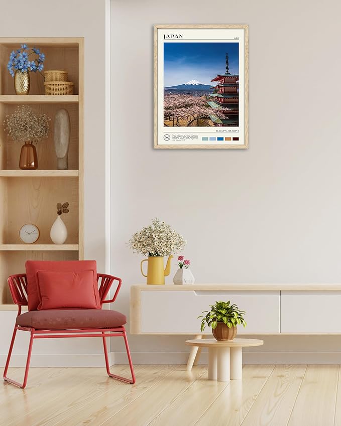 HesenDot Natural OAK Wood Framed Mount Fuji Wall Art, 12x16in Japanese Natural Scenery Canvas Wall Print, Classic Urban Landmark Wall Decor for Living Room, Bedroom,Office Gallery Set of 1-Ruum Studio Home