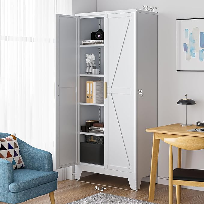 71'' Farmhouse Metal Storage Cabinet with Barn Doors,Steel File Cabinet for Home Office,Kitchen Pantry 4 Adjustable Shelves,Freestanding Cupboard for Kitchen,for Home Office,School (White)-Ruum Studio Home