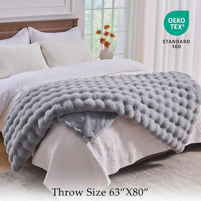 BENVWE Fluffy Faux Fur Throw Blanket for Couch, Soft Plush Thick Cozy Fuzzy Luxury Minky Bubble Blanket for Home Living Room Decor Gift for Women, Light Grey, 63" x 80", 1100GSM-Ruum Studio Home