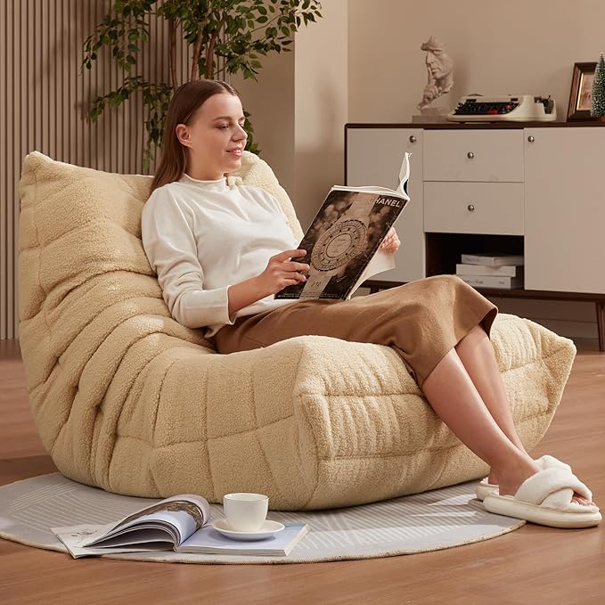 Bean Bag Chairs for Adults Giant Bean Bag Chair Memory Foam BeanBag Chair Big Bean Bag Sofa with Filler Faux Fur Fireside Beanbags Lazy Sofa for Living Room Bedroom Dorm Office (Khaki Teddy)-Ruum Studio Home
