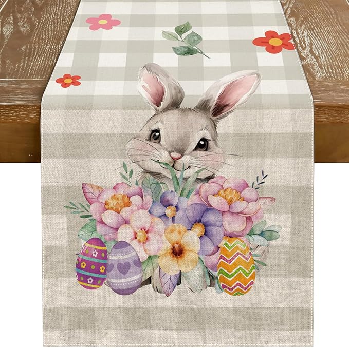 Easter Table Runner 13x72 Inch Bunny Rabbit Flowers Leaves Buffalo Plaid Eggs Seasonal Holiday Kitchen Dining Table Decoration for Indoor Kitchen Dining Home Party Decor-Ruum Studio Home