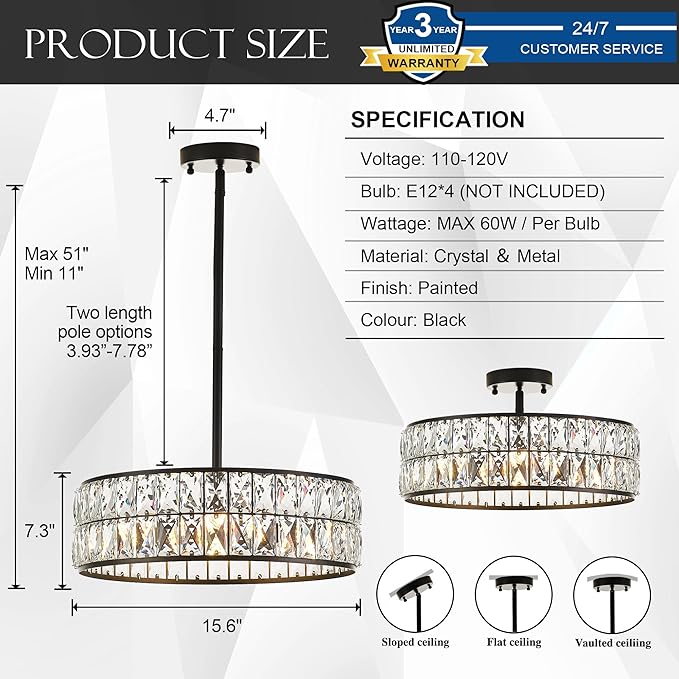 16” 4-Light Modern Crystal Chandeliers Black Dinning Room Light Fixture with Two Rods, Round Pendant Light Kitchen Island Chandelier, Flush Mount Ceiling Light for Living Room Entryway-Ruum Studio Home