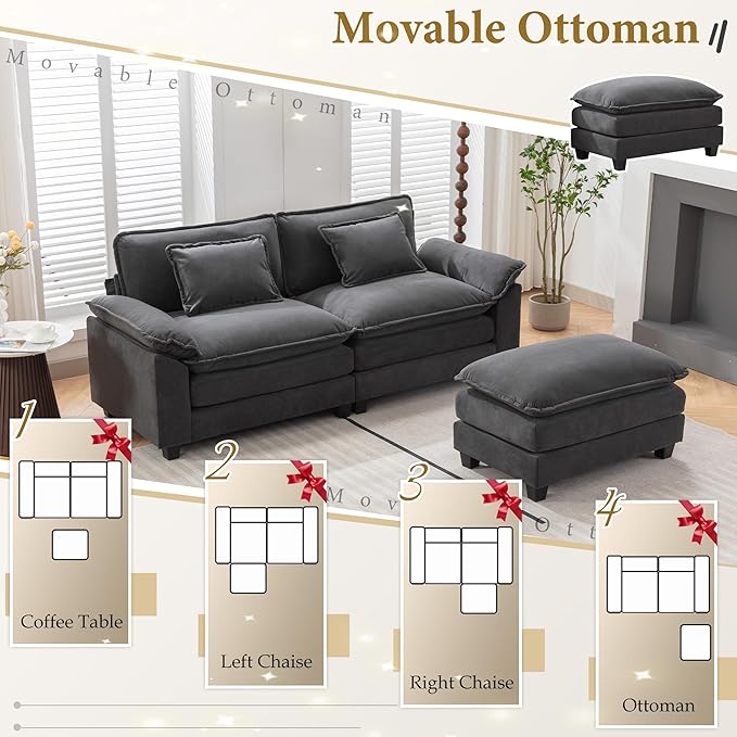 URRED Modular Sectional Sofa Comfy Cloud Couch, Modern Velvet Sofa Sleeper Deep Seat Couches with Ottoman/Pillows for Living Room (Dark Gray, 82.6''- L Shape)-Ruum Studio Home