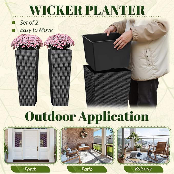 JUMMICO Set of 2 Resin Rattan Tall Planters for Outdoor Plants, Large Tapered Planters with Drainage Holes&Inner Trays, Flower Pots for Garden, Patio, Porch, Backyard (Black, 32'')-Ruum Studio Home