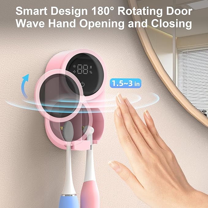 Toothbrush Holder and Cleaner for Bathroom Light Cleaning Fan Drying Round in Circle Automatic Rotating Cover Wall Mounted Smart Home Gadgets (03 Pink)-Ruum Studio Home