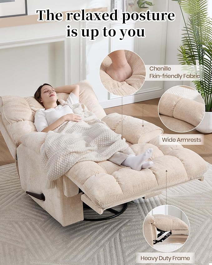 Oversized Recliner Chair Manual Swivel Rocker Recliner for Living Room Chenille Overstuffed Nursery Reclining Sofa Chair Rocking Recliners for Adults 400lbs (Manual, Beige)-Ruum Studio Home