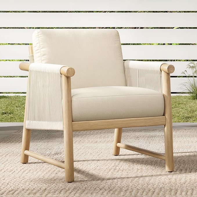 CHITA Boho Patio Rattan Chair, Outdoor Wicker Chair with 7.1″ Thickened Cushions Acacia Wood Frame(Cream)-Ruum Studio Home
