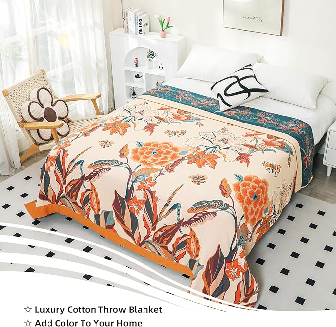 Boho Throw Blanket, 100% Organic Cotton Breathable Soft Lightweight All Season Rustic Bed Throw - Floral Bird Farmhouse Decor Blanket for Sofa Couch Chair Quilt and Gift. 60" x 80"-Ruum Studio Home