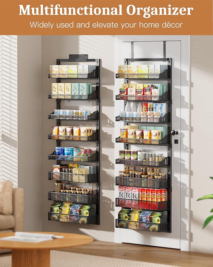 8-Tier Over the Door Pantry Organizer, Large Metal Door Spice Rack with Adjustable Basket, 2 in 1 Wall Mount or Hanging Heavy-Duty Pantry Door Storage Shelf for Kitchen and Bathroom, Black-Ruum Studio Home