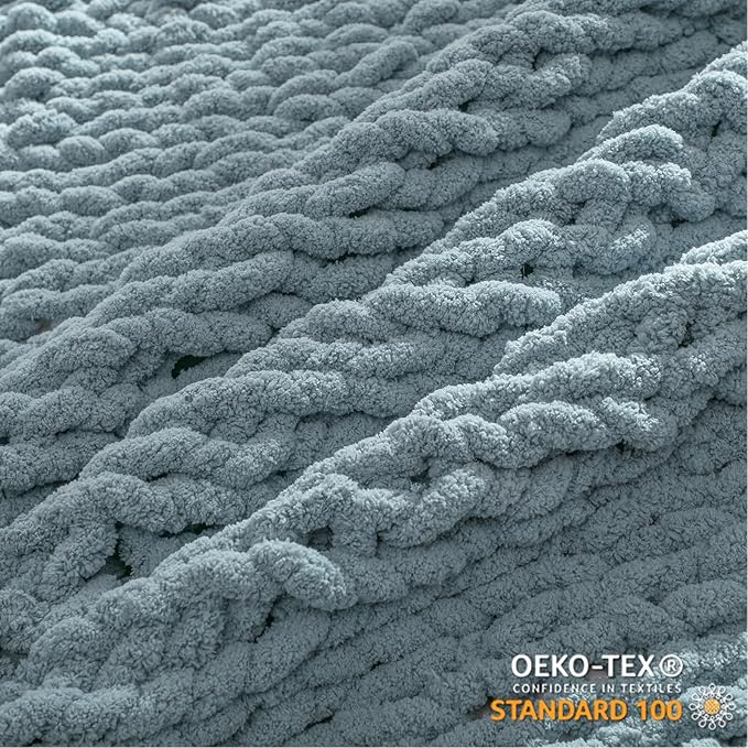WESHIONGOO Chunky Knit Blanket Throw 50"×60" Knitted Throw Blankets for Couch Bed Fluffy Soft Blanket with Jumbo Chenille Yarn Thick 100% Handmade(Dusty Blue)-Ruum Studio Home