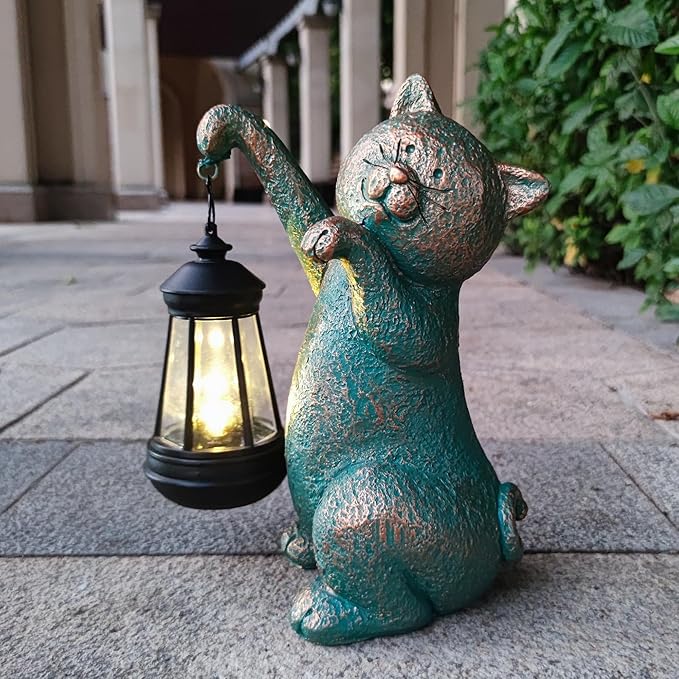 JOYBEE Garden Statues Cat with Solar Lantern Outdoor Decor-Cat Solar Figurines Lights Decorations for Patio Yard Lawn Ornaments-Gifts for Birthday Easter Housewarming-Ruum Studio Home