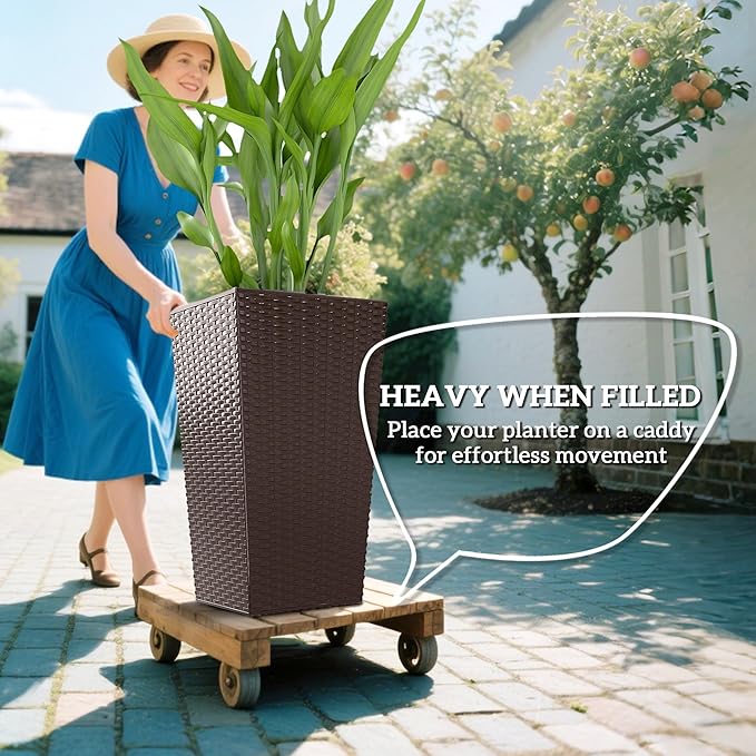 Outsunny Tall Planters for Outdoor Plants Set of 3, 24 in Taper Planters with Drainage Holes, Rattan Decor Plant Pots for Indoor Outdoor Front Porch Patio Backyard, Brown-Ruum Studio Home
