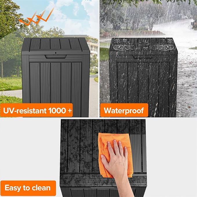 Outdoor Storage Box 28 Gallon, Deck Box Waterproof Resin with Lockable Lid, UV-Resistant Patio Storage Box for Pool Supplies, Garden Tools, Black-Ruum Studio Home