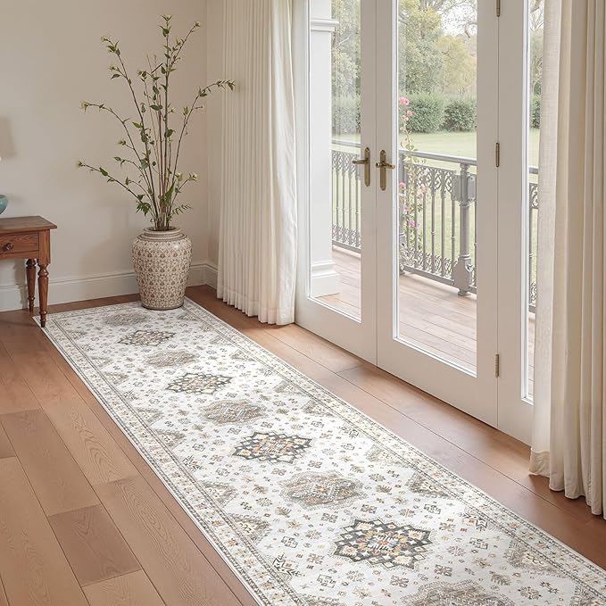 Washable 2.6x14 Runner Rug - Area Rugs Neutral Vintage Distressed Floral Farmhouse Boho Large Soft Floor Rug Indoor Carpet for Hallway Entryway Home - Blue Brown-Ruum Studio Home