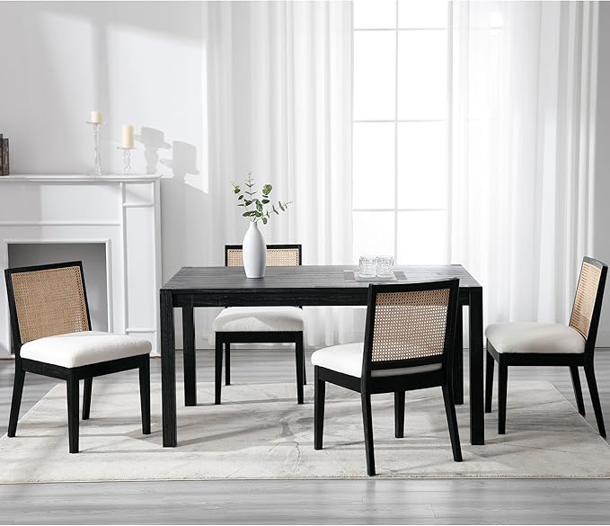 VESCASA Upholstered Dining Chairs with Square Rattan Back, Armless Padded Sherpa Fleece Cushion Dining Chairs with Wood Legs for Dining Room, Kitchen, Set of 4, Black Frame-Ruum Studio Home