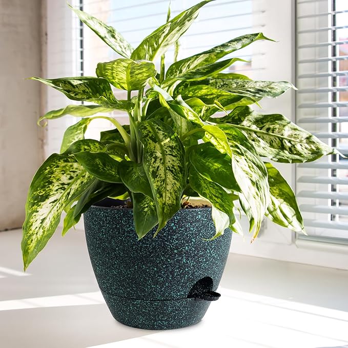 12/10/9 inch Large Self Watering Pots, Planter, Plant Pots with Mesh Drainage Holes for Indoor Outdoor Garden Plants, Plastic Flower Pots with Deep Reservoir, Black with Green Speckles-Ruum Studio Home