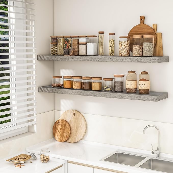 RICHFOCUS 55Inch Floating Shelves for Wall 1 Pack Shelves for Bedroom|Kitchen|Bathroom Wall Mounted Rustic Wood Floating Shelf with Invisible Brackets for Books|Storage|Decor, Grey-Ruum Studio Home
