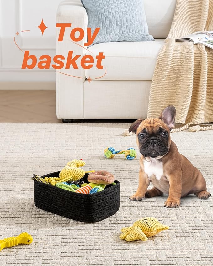 KALLAX Small Woven Basket, 12 x 8 x 4.5 Inches, Storage Basket for Organizing, Cute Small Rope Shelf Closet Cube Storage Bins Baskets for Shelves, Dog Toy Gift Baskets Empty, 3 Packs, Black-Ruum Studio Home