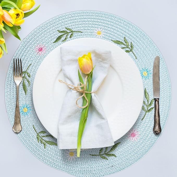 Whaline 4Pcs Round Daisy Placemats Spring Flower Embroidered Place Mats Greenery Floral Dinner Table Mats for Home Holiday Wedding Bridal Baby Shower Birthday Party Decor-Ruum Studio Home