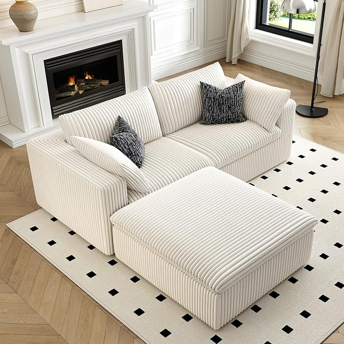 LoveSeat Cloud Couch Modular Sectional Sofa for Living Room,Modern Sofa with Deep Seat，2 Seater Boneless Couch with Ottoman,Comfy Upholstered Couches for Apartment, Studio, Office,Bedroom，White-Ruum Studio Home