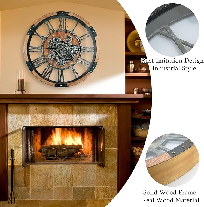 24 Inch Moving Gear Wall Clock, Oversized Wall Clocks, Clock Living Room Decor, Solid Wood Frame, Battery Operated, Large Wall Clock with Steampunk Industrial for Fireplace(Brown)-Ruum Studio Home