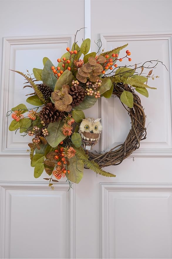 Fall Owl Wreath for Front Door 24 Inch, Autumn Natural Pine Cones Faux Eucalyptus Magnolia Leaf Berry Wreath, Fall Decor for Home Farmhouse Door Wall Window Porch Indoor/Outdoor-Ruum Studio Home