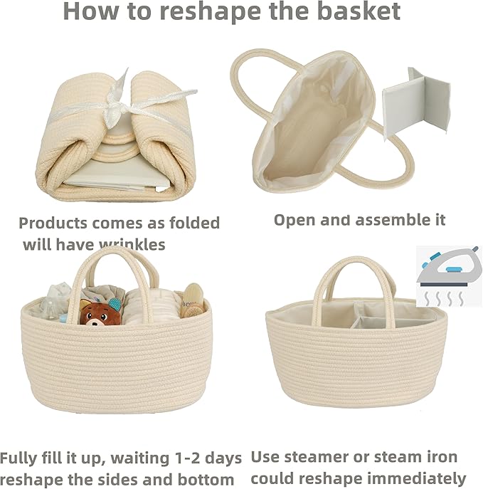 Diaper Caddy Organizer Cotton Rope Baby Basket Nursery Storage and Portable Tote Bag for Car Ideal Baby Shower Gifts and Registry Must-Have for Newborn Essentials Large beige-Ruum Studio Home