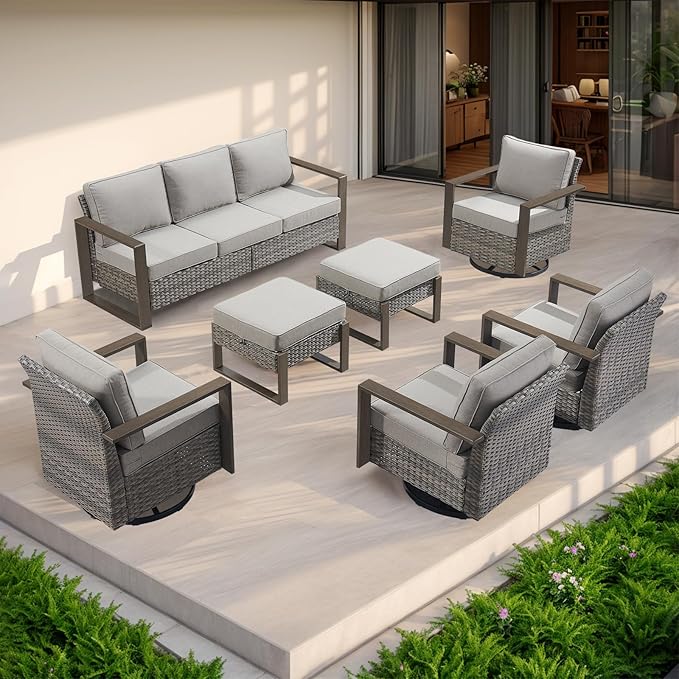 Outdoor Ottoman Wicker Patio Footrest - 2 Piece Wicker Footrest Footstools Set with Sturdy Frame,All-Weather PE Wicker, Thick Cushions for Deck Porch Garden(Mixed Grey/Grey)-Ruum Studio Home