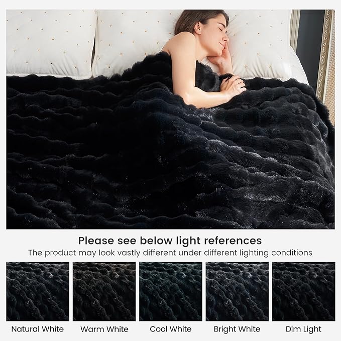Cozy Bliss Faux Fur Throw Blanket for Couch, Fuzzy Soft Plush Thick Bubble Blanket for Sofa Bedroom Living Room, 90 * 90 Inches Black-Ruum Studio Home