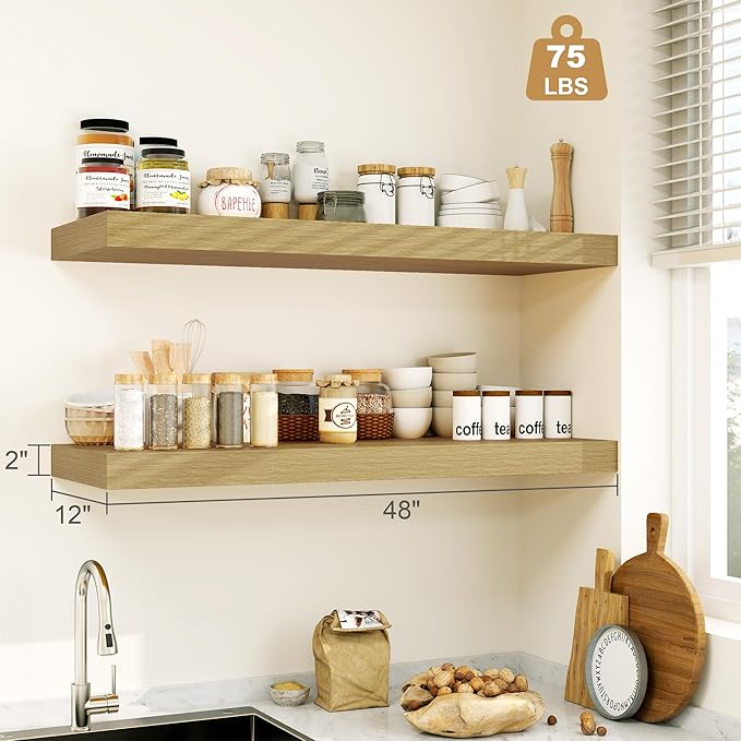 Heimlove Oak Bathroom Shelves Floating Shelves for Wall Shelf Over Toilet Long Wall Mounted Modern Farmhouse,48 x 12 Wall Shelves with Invisible Brackets for Living Room, Kitchen, Bedroom-Ruum Studio Home