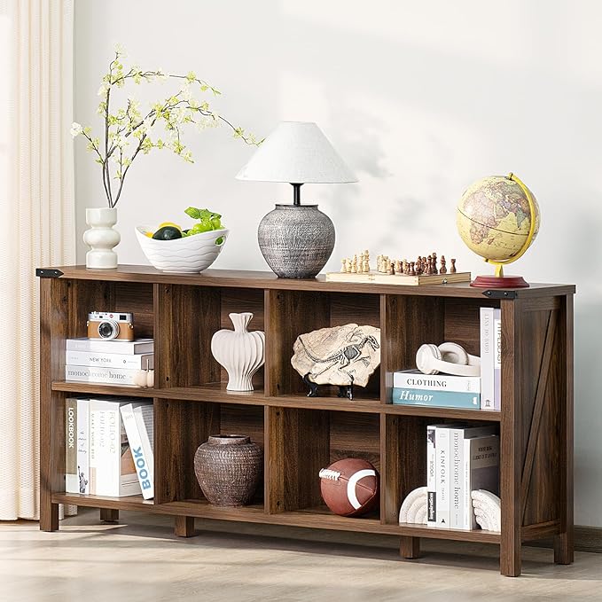 8 Cube Book Shelf, Farmhouse Wood Long Storage Organizer Bookcase, 62" Horizontal Brown Walnut Console Closet Bookshelf, Hallway TV Stand for Entryway, Display Cabinet Book Case for Office-Ruum Studio Home