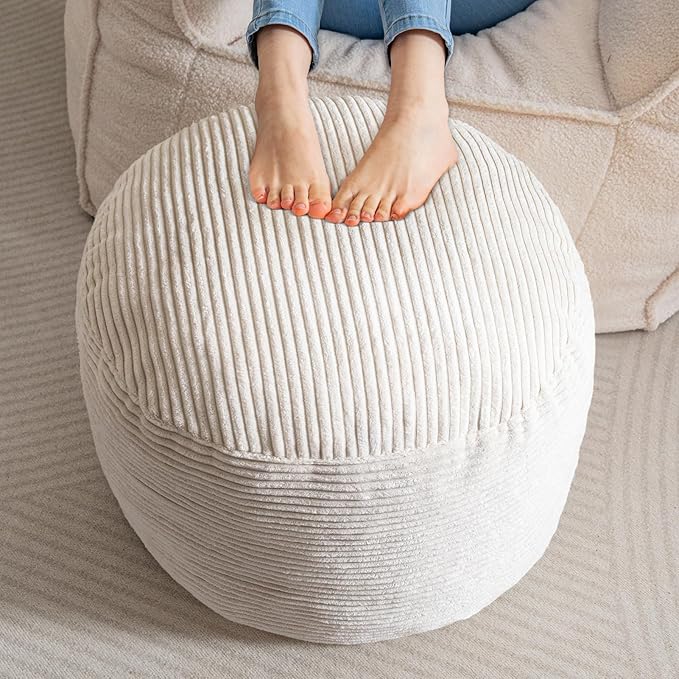 HIGOGOGO Round Stuffed Pouf Ottoman, Corduroy Poufs with Foam Chunk Filling, Furry and Fluffy Pouf Foot Stool Storage Ottoman, 20 X 15 Floor Poufs Foot Rest for Living Room, Beige-Ruum Studio Home