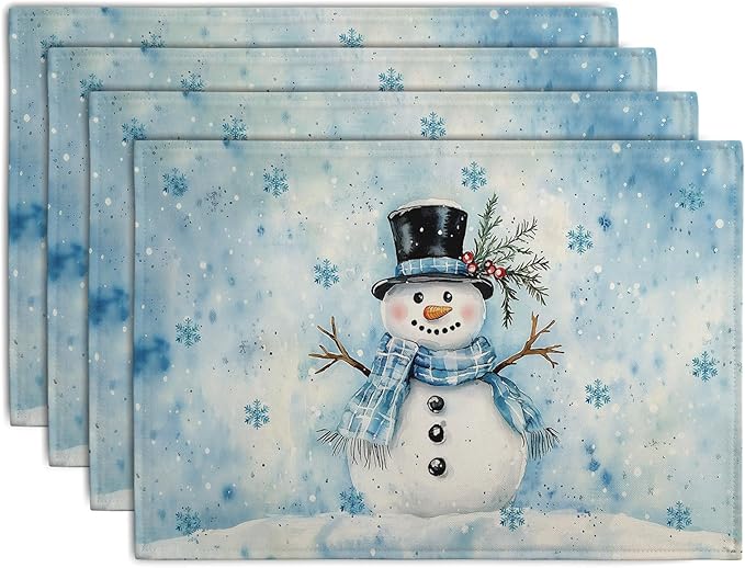 Blue Snowman Snowflake Winter Placemats Set of 4 Seasonal Christmas Linen Table Mats 12x18 Inch Xmas Holiday Snow Farmhouse Rustic Washable Place Mats for Party Kitchen Dining Outdoor Indoor Decor-Ruum Studio Home