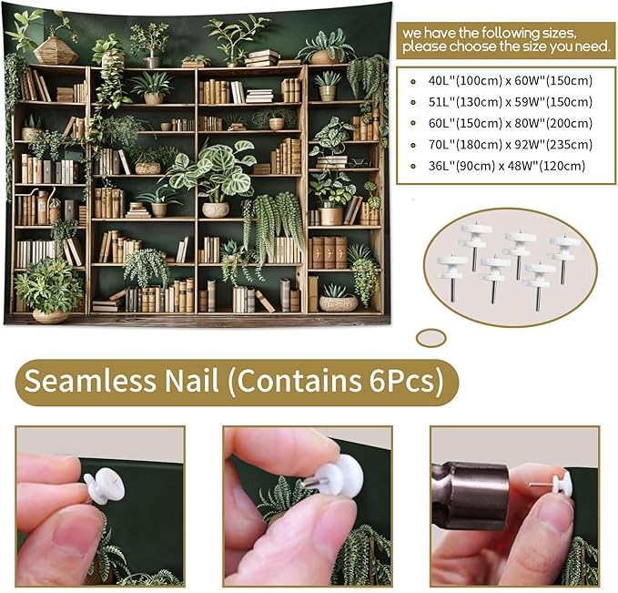 HVEST Green Plant Bookshelf Tapestry Book on Bookshelf and Plant Potted Tapestry Wall Hanging Reading Wall Tapestries for Study Room Bedroom Living Room College Dorm Decor, 51L x 59W Inches-Ruum Studio Home