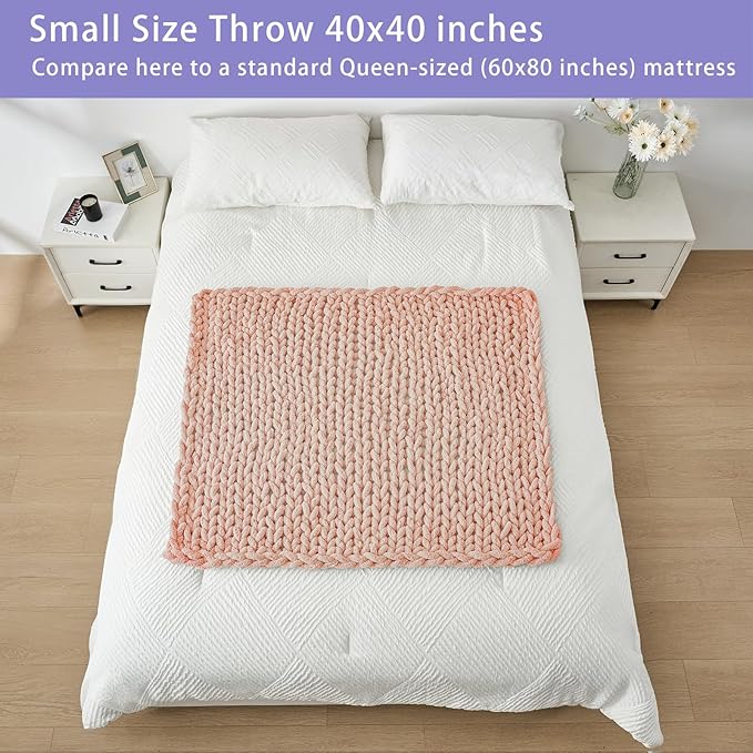 Bigacogo Chunky Knit Throw Blanket for Couch, 40x40 inches, 100% Hand Knitted with Thick Jumbo Chenille Yarn, Cozy Soft Large Rope Knot Cable Crochet Blankets for Sofa Bed Living Room, Peach Fuzz-Ruum Studio Home