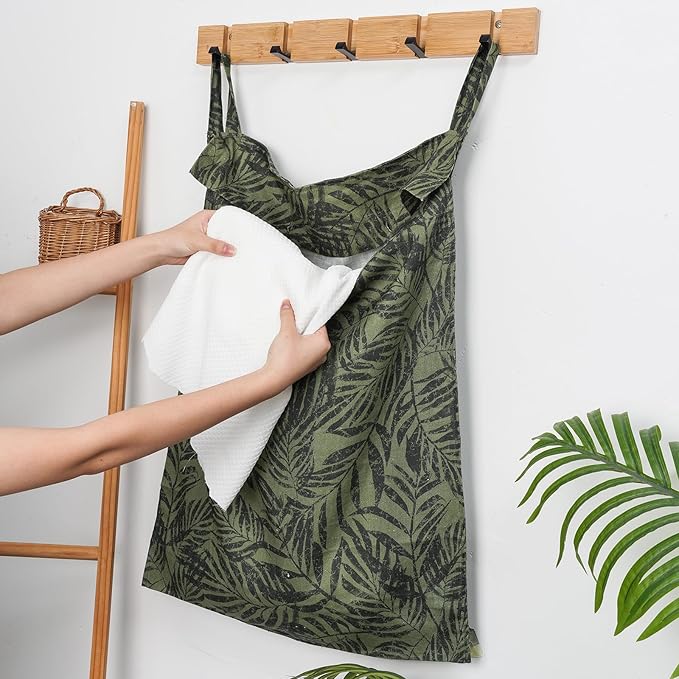 Linen Hanging Laundry Bag, 100% Linen Leaf Print Over The Door Laundry Hamper with Buttons and Zipper, Space Saving Door Hampers for Laundry Dirty Clothes Home Travel, Green, 19.7x27.5inches-Ruum Studio Home