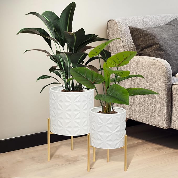 ARNIS Modern Planter Pots, Set of 2 Large Planters with Stand, Decorative Planters, Metal Pots with Drainage Holes for Living Room, Office, Garden or Balcony, 8.25 &10.5 Inch, Matte White-Ruum Studio Home