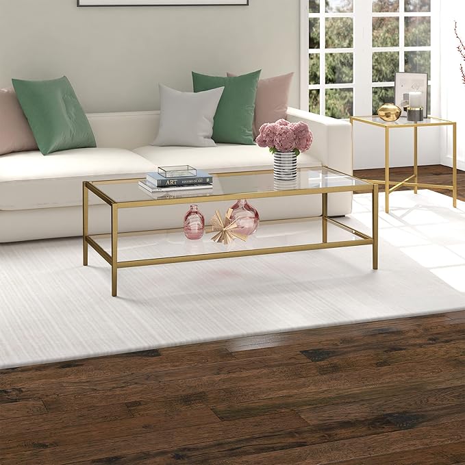 Henn&Hart 54" Wide Rectangular Coffee Table with Glass Shelf in Antique Brass, Modern coffee tables for living room, studio apartment essentials-Ruum Studio Home
