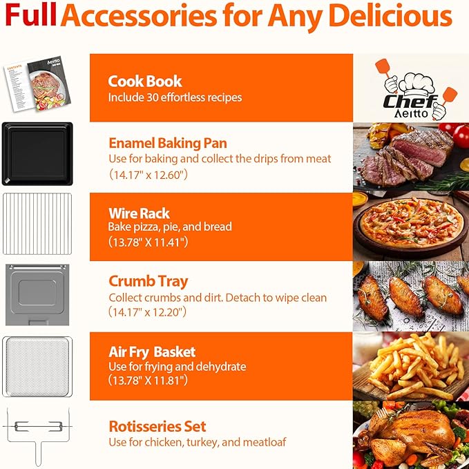 Aeitto® 32-Quart PRO Large Air Fryer Oven| Toaster Oven Combo | with Rotisserie, Dehydrator and Full Accessories | 19-In-1 Digital Airfryer | Fit 13" Pizza, 9pcs Toast, 1800w, Black-Ruum Studio Home