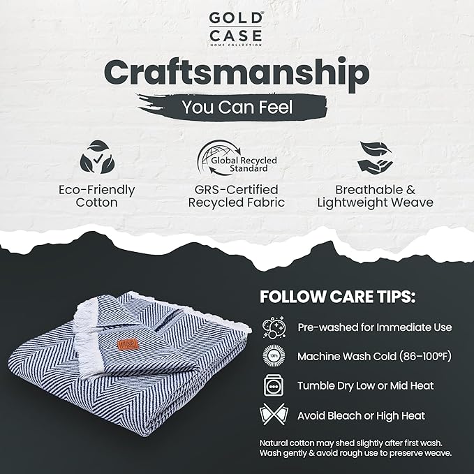 Gold Case Throw Blanket for Couch – 100% Recycled Turkish Cotton Blankets & Throws – Elegant Decorative Throw Blankets for Living Room Sofa – Woven Throws for Couch – Elegant Navy Blue – 50x60-Ruum Studio Home