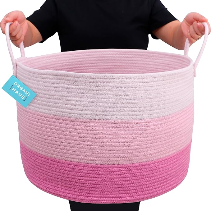 OrganiHaus Toy Storage Basket for Kids, Large Cotton Rope Organizer Bin for Nursery, Toy Box, Blanket Holder, Baby Hamper for Living Room, Soft & Washable, 20x13 inches - Pink-Ruum Studio Home