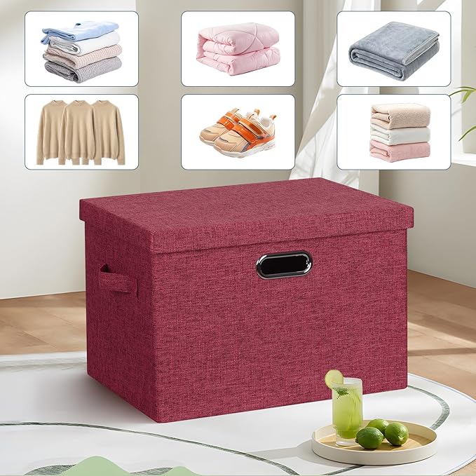 Large 17" 36 Quart Collapsible Stackable Storage Bins with Lids, 3 Packs Bright Red Linen Fabric Closet Boxes with Lids, Storage Cube Baskets Container Organizers for Office (17x12x11)-Ruum Studio Home