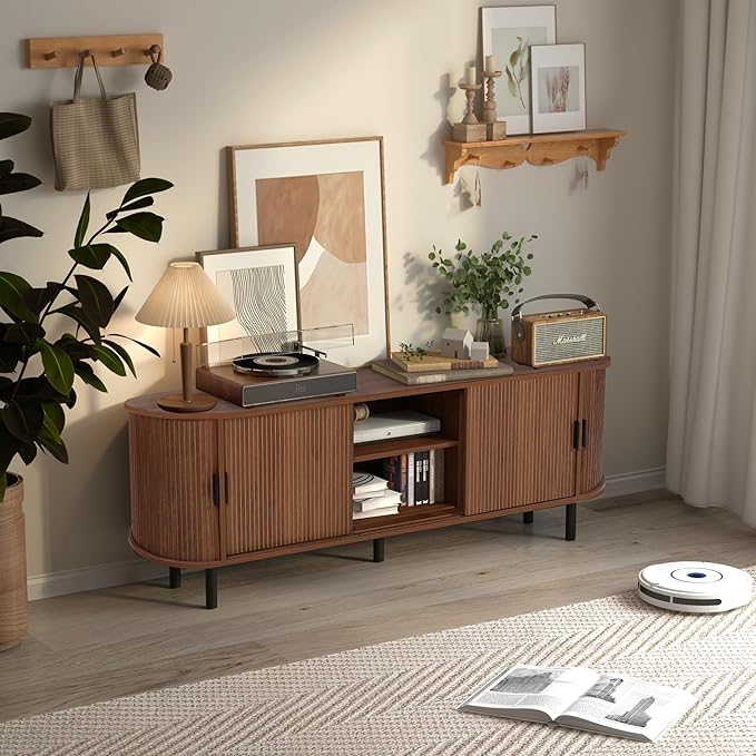 62" Tambour Door TV Stand,Wood Mid Century Modern TV Cabinet for Up to 70“ TV,Curved Edge Long TV Stand with Storage for Bedroom Living Room(Walnut, 62.2inch)-Ruum Studio Home