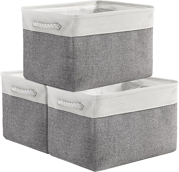 TheWarmHome Organization and Storage Basket for Organizing - 3 Pack 16x12x12 inch Cube Storage Bin Fabric Storage Cubes for Organizer Cloth Gift Toy Closet (White & Grey)-Ruum Studio Home