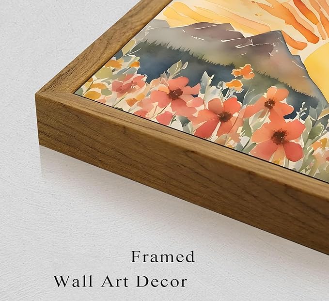 Framed Boho Sun Canvas Wall art Mid-Century Modern Abstract Bohemian Sunset in The Mountains Watercolor Wildflowers Sunrise Landscape Picture Wall Decor Poster Print Artwork for Living Room-Ruum Studio Home