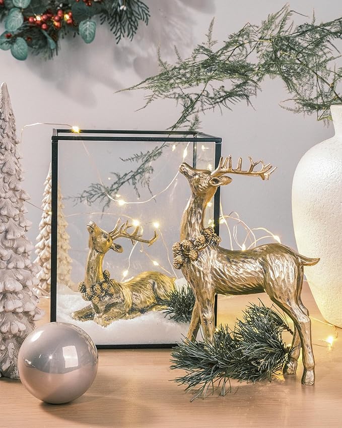 DN DECONATION 2pcs Gold Christmas Reindeer Statue, Christmas Clearance Small Resin Reindeer Figurine Indoor, Tabletop Reindeer Christmas Decor, Deer Figurine Decorations for Home-Ruum Studio Home