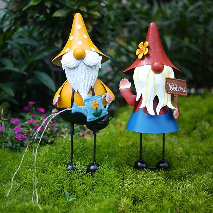 HONGLAND Metal Gnome Yard Art -18 Inch Garden Gnomes Statues Outdoor Decor with Watering Can Solar Lights -3D Outdoor Figurines for Patio Yard Lawn Porch Ornament Gardening Gifts-Ruum Studio Home