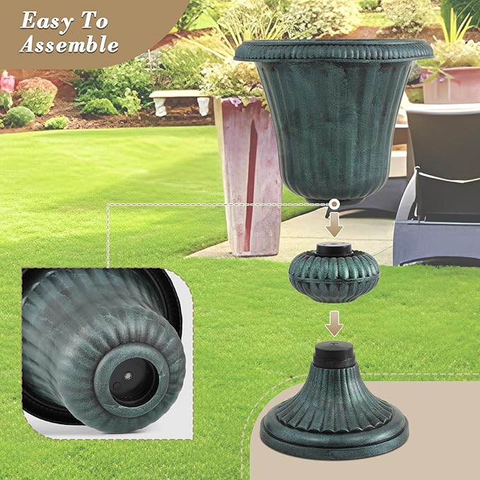 Athena Collection 20''H Garden Plastic Urn Vintage Tall Planter Urn Patio Large Flower Pot Porch Planter Large Planter for Indoor Outdoor Plant, Dark Green-Ruum Studio Home
