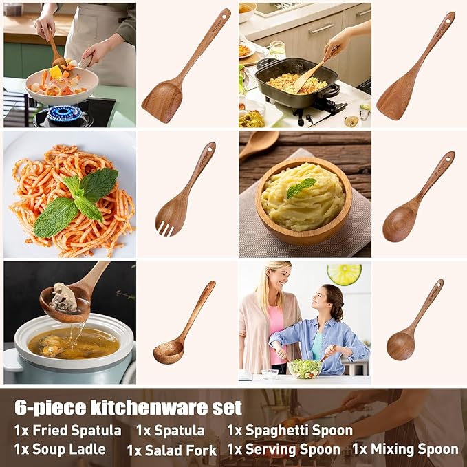 Wooden Spoons - Wooden Spoons for Cooking,Natural Wooden Kitchen Utensils Set Non Toxic,6-Piece Wooden Cooking Utensils(A06)-Ruum Studio Home