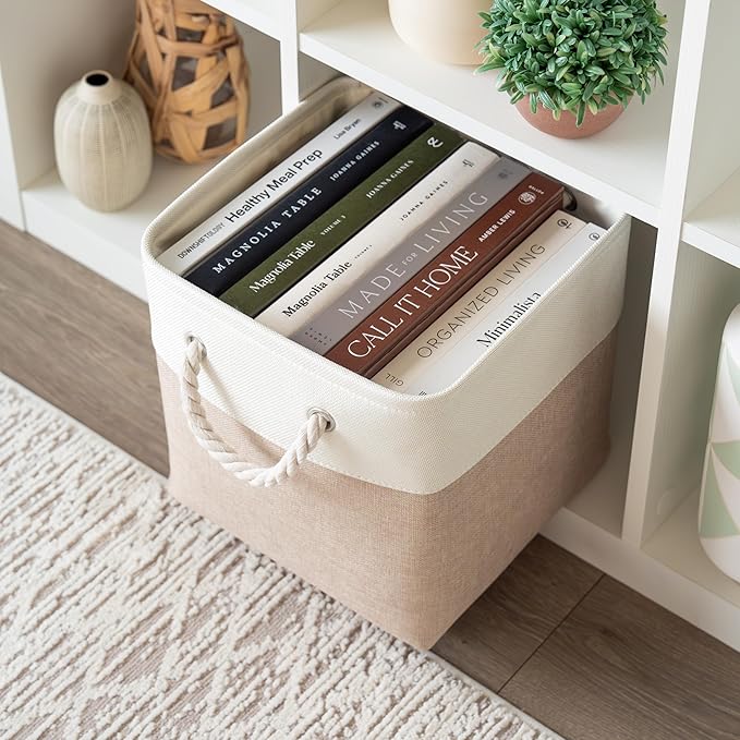 OrganiHaus 11x11 Cube Storage Bins 4 Pack, Foldable Cube Storage Organizer w/ Rope Handles, Collapsible Fabric Bins for Toys, Clothes & Closet Organization, Fabric Square Baskets - Beige/White-Ruum Studio Home